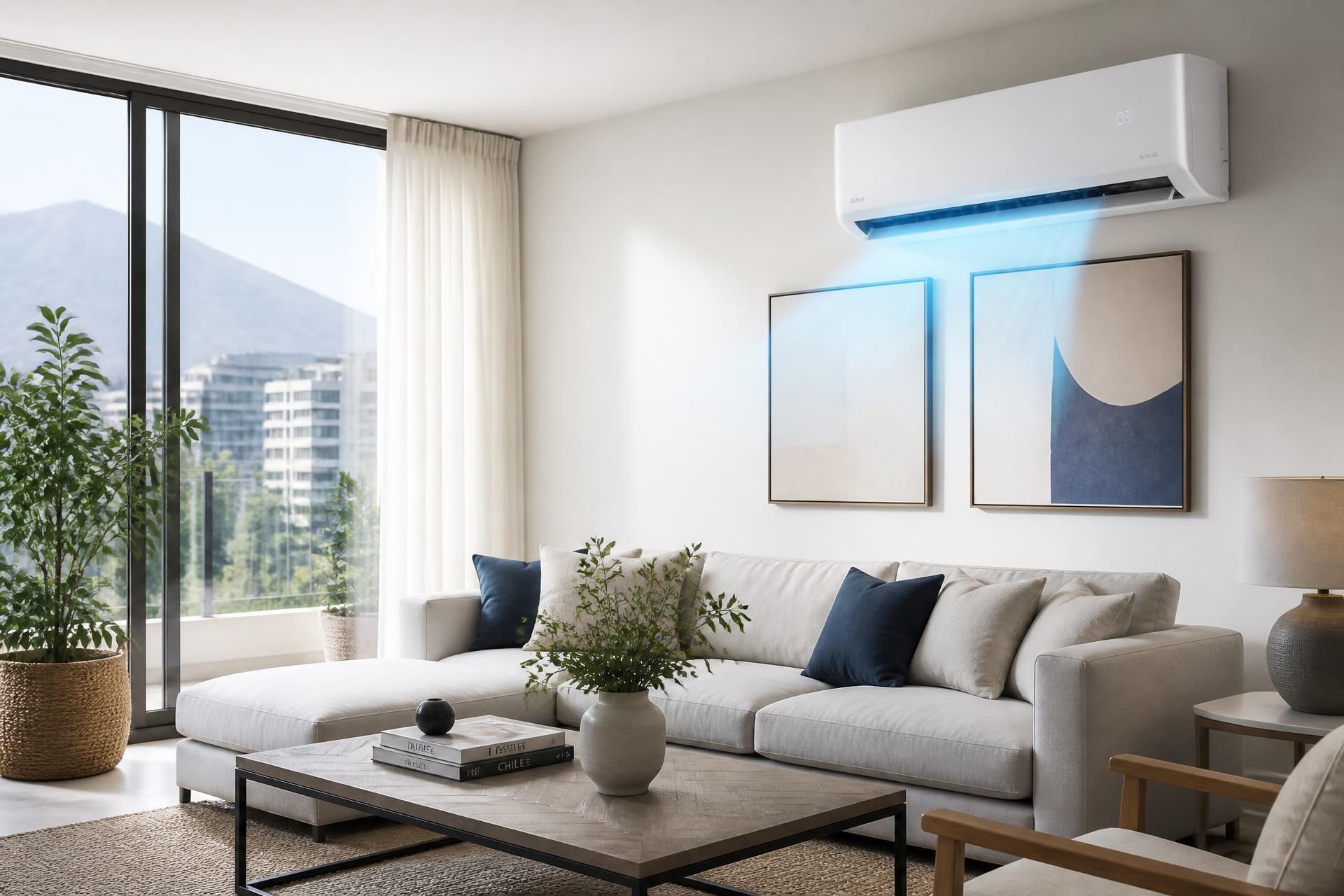 Living moderno con aire acondicionado split instalado en la pared