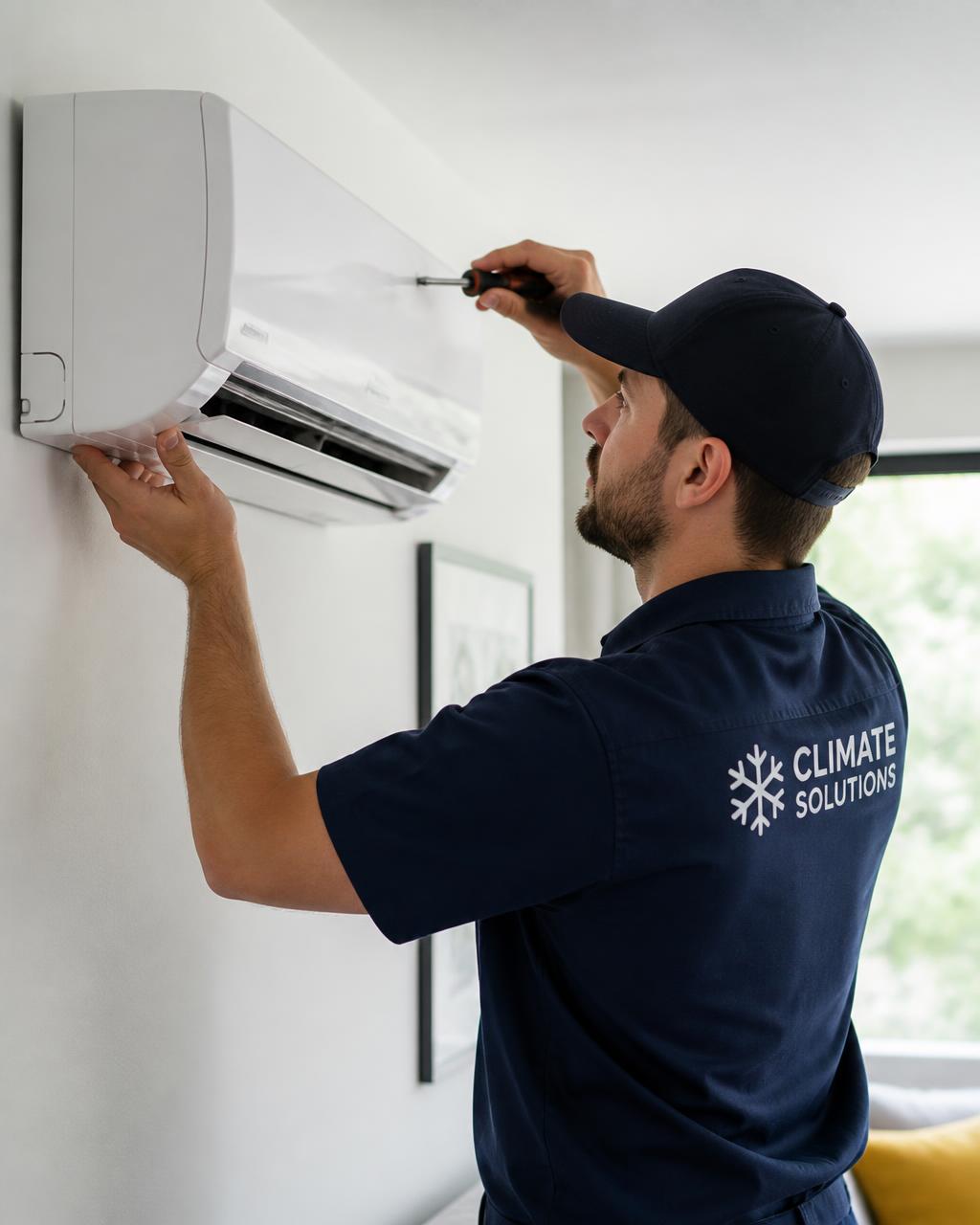 Técnico instalando una unidad de aire acondicionado